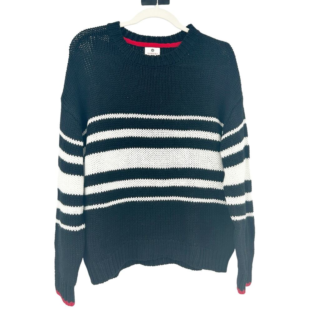 Sundry Womens‎ Merino Wool Blend Striped Pullover Crewneck Sweater Size M Navy